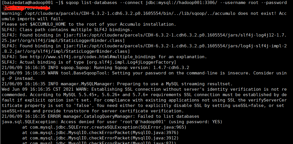 java.sql.SQLException Access denied for user ‘root‘‘hadoop001‘ (using