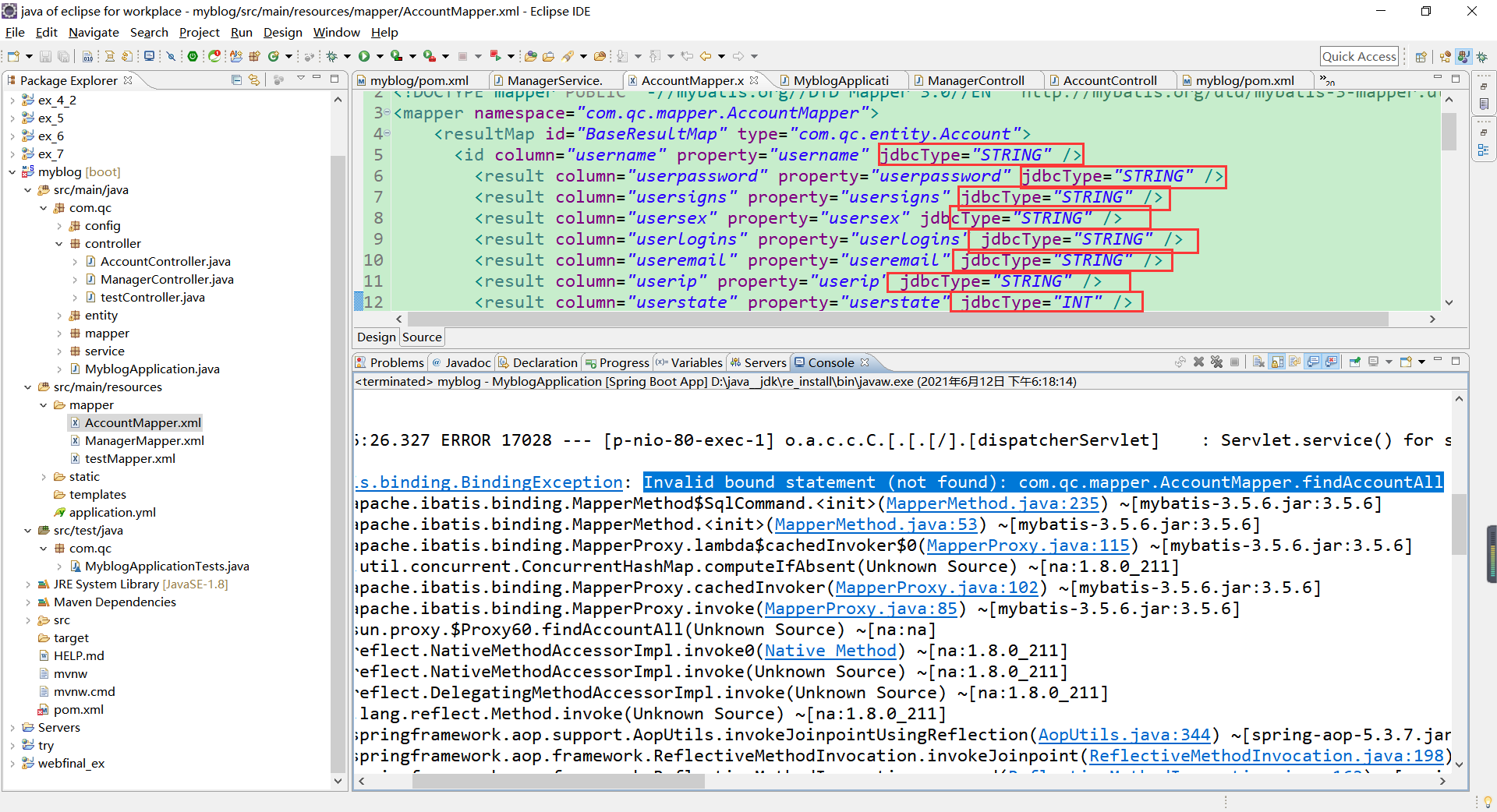 eclipse中能够运行的springboot项目 但访问网页不能返回数据 Invalid bound statement (not found): com.qc.mapper.的其中一种可能