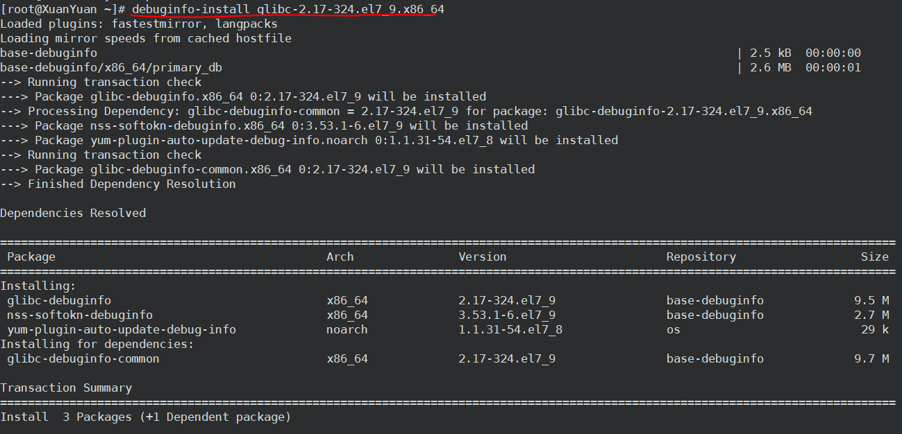 CentOS 7 installation debuginfo-install glibc-2.17-324.el7_9.x86_64 ...