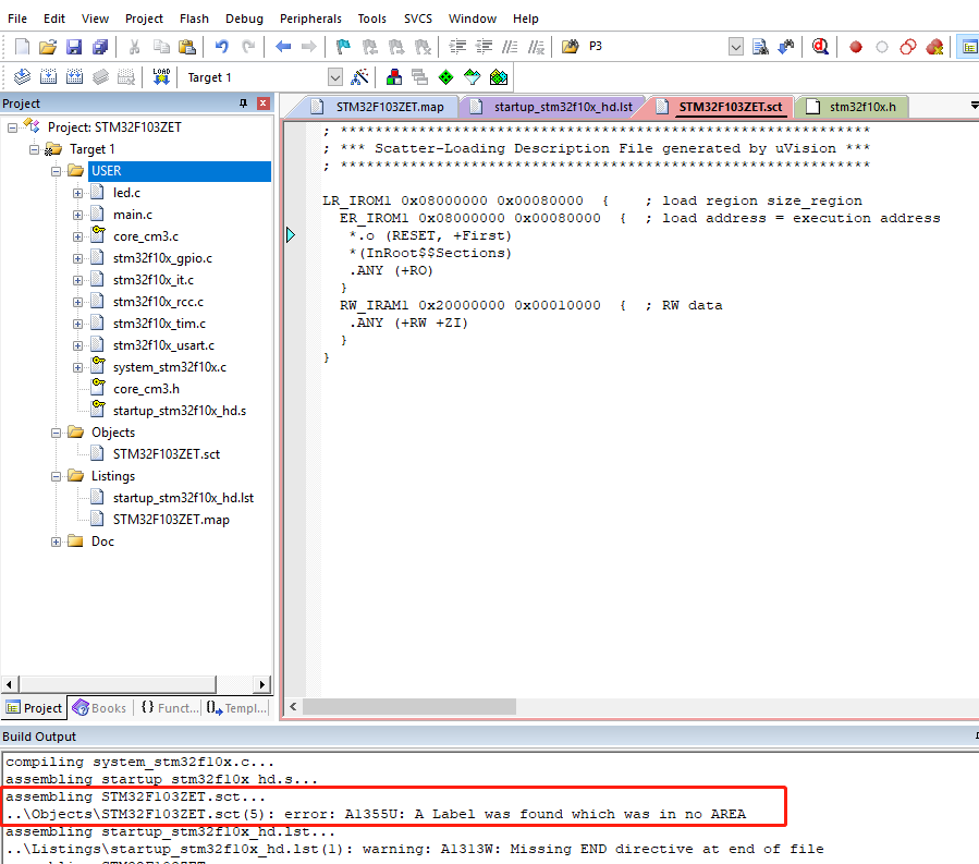 keil5错误error: A1355U: A Label was found which was in no AREA
