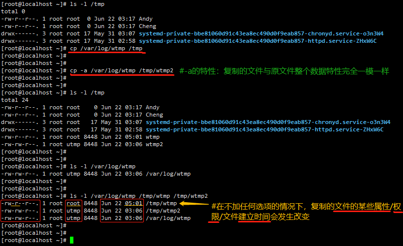 cp -a与不加选项的区别