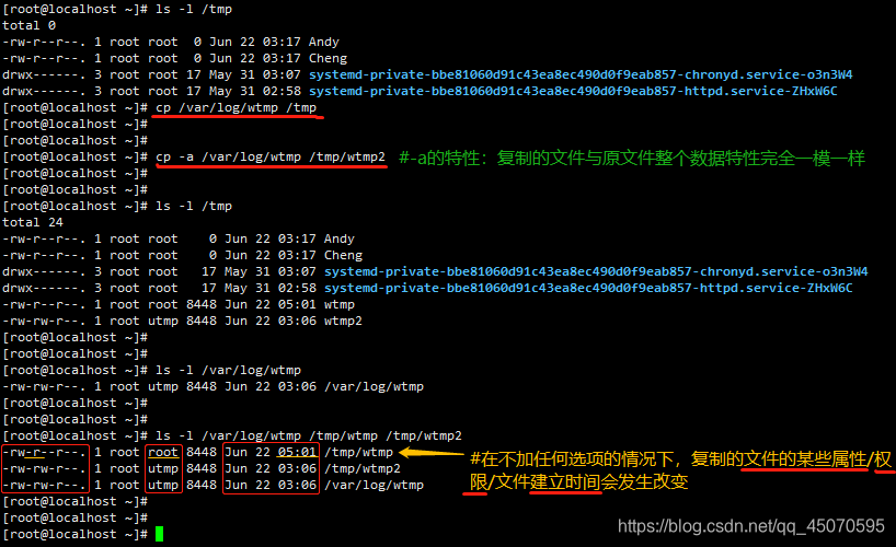 cp -a与不加选项的区别