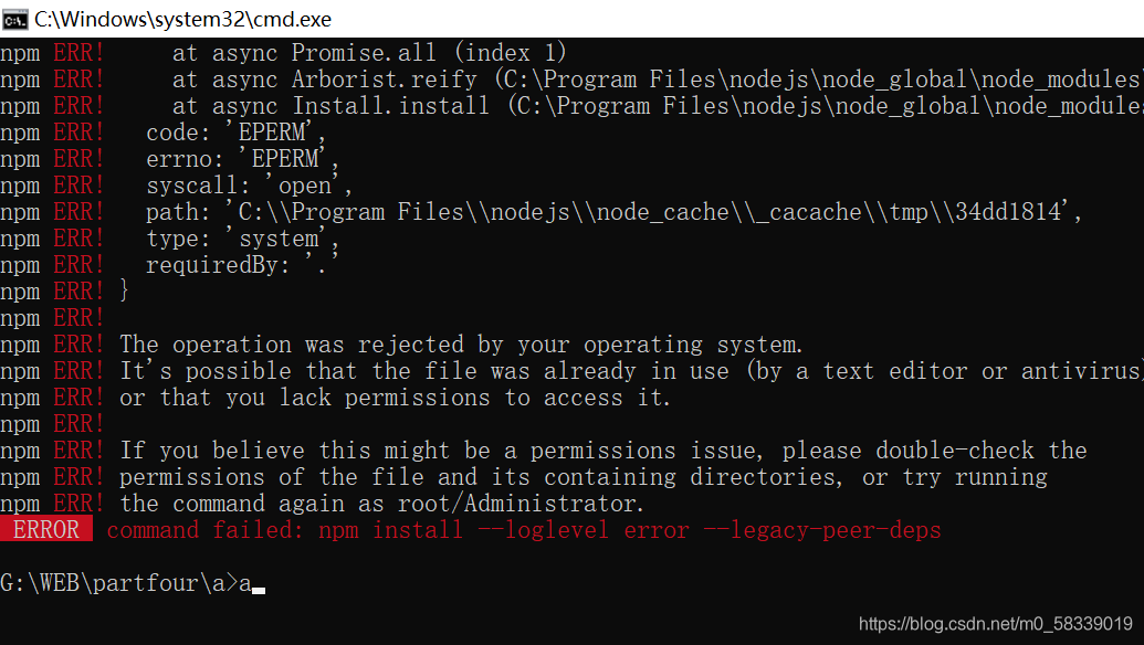 ERROR command failed: npm install --loglevel error --legacy-peer-deps ...