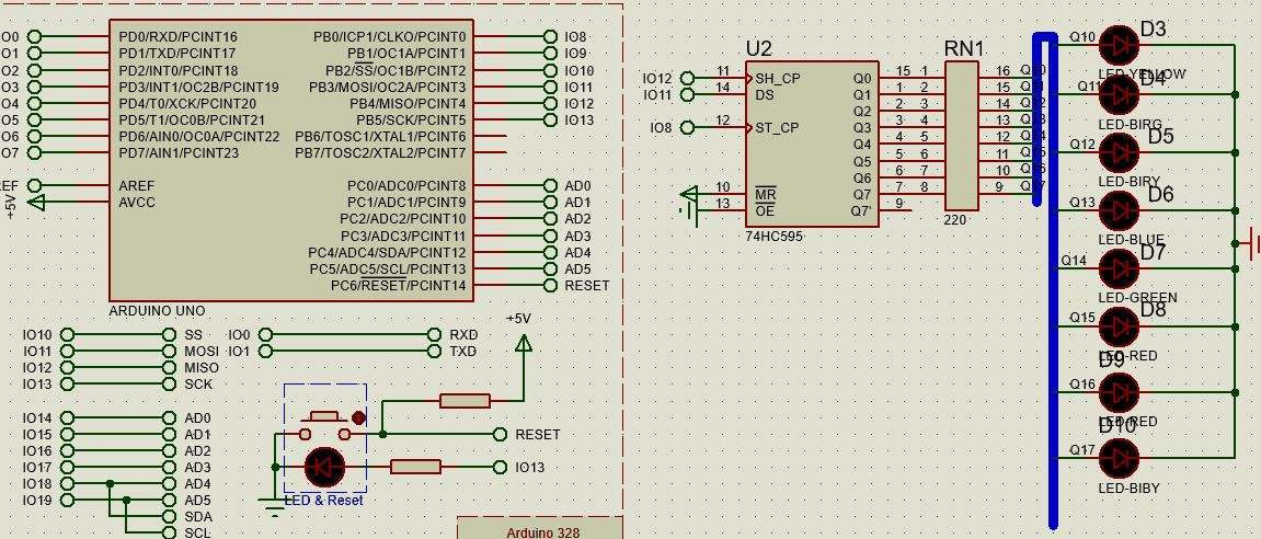 arduino uno利用74hc595控制8个流水灯 proteus仿真