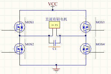 下图为直流有刷电机驱动的一个简单电路示意图,本文主要是讨论电机旁