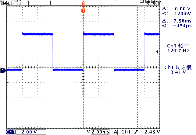 ▲ 图1.3 Arduino PIN2输出的125Hz 的激光驱动调制信号