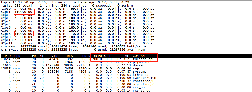 启动一个消耗2个CPU(200%) 的程序 threads-cpu