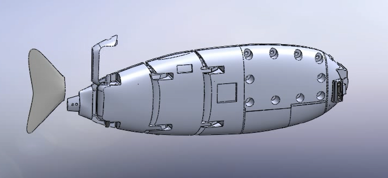 机器鱼3D图，整个机器鱼外部结构件采用3D打印。