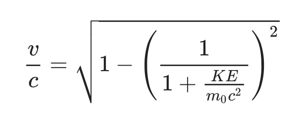 一定能量的粒子,其速度与光速的比较,计算公式