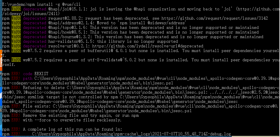 安装vue-cli时报错 npm ERR! code EEXIST