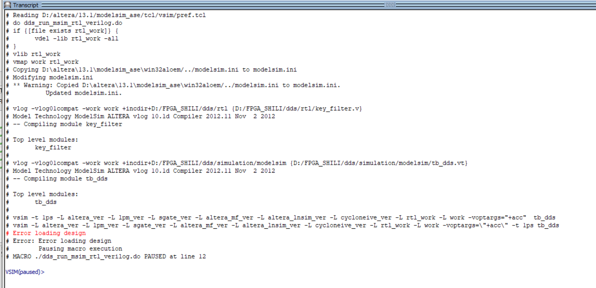 error loading design in modelsim