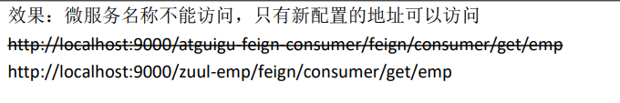 效果：微服务名称不能访问，只有新配置的地址可以访问http://localhost:9000/atguigu-feign-consumer/feign/consumer/get/emphttp://localhost:9000/zuul-emp/feign/consumer/get/emp