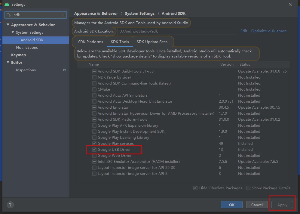 Android studio -> Setting -> SDK