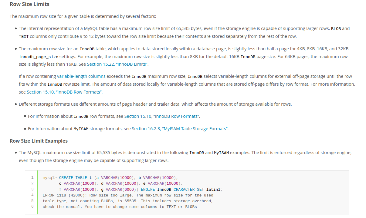 MySQL innodb每行数据长度的限制