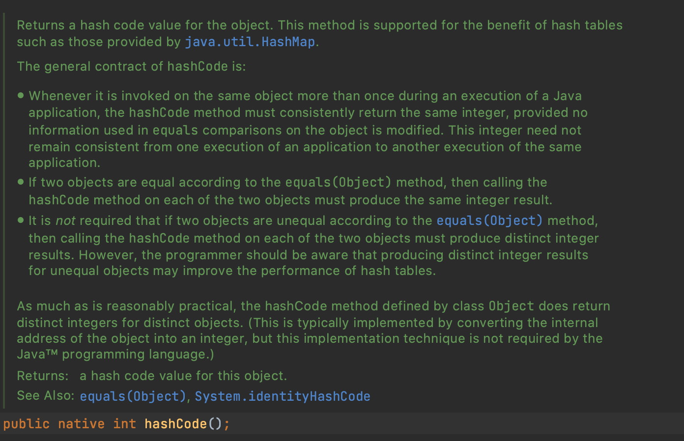 Object类中关于hashCode方法的描述