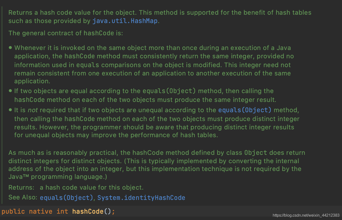 Object类中关于hashCode方法的描述