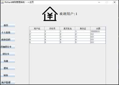 这里主要展示User.data中的各用户信息，本用于管理员账户，但是便于答辩时对转账的展示，所以就放在用户功能中，有更多功能需求的可以自己编写。