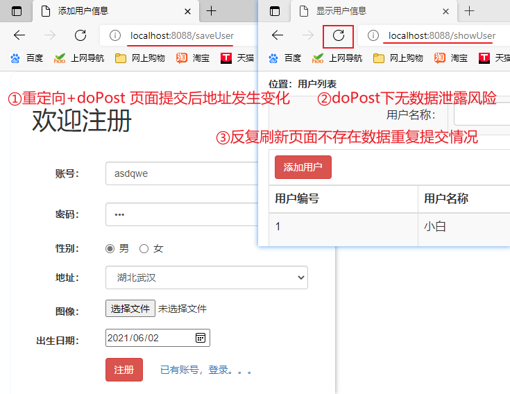 涉及到添加用户（注册）的功能时，不能使用请求转发，只能使用重定向