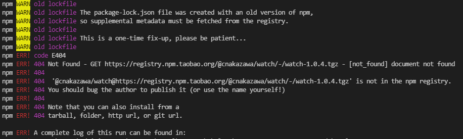 Npm 》code E404  Not Found