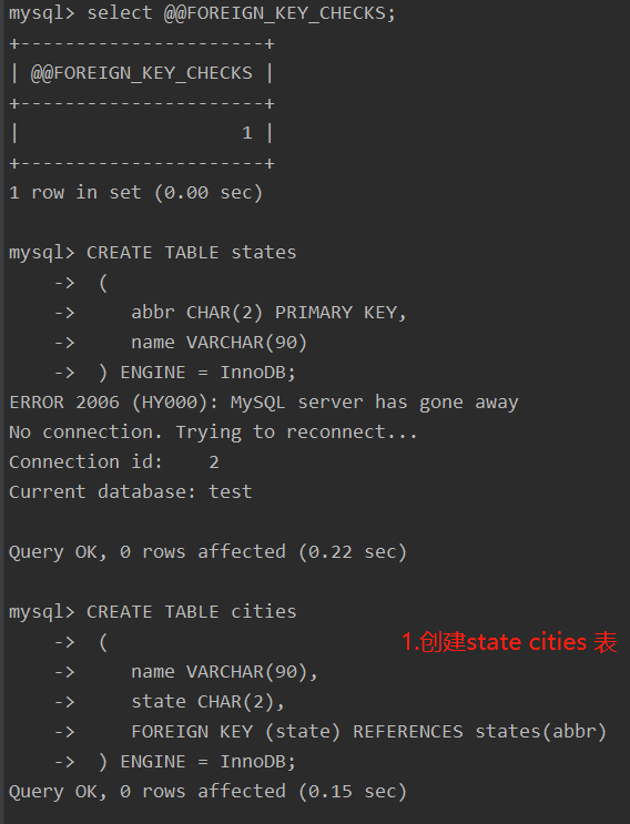 mysql 设置外键约束SET FOREIGN_KEY_CHECKS=1