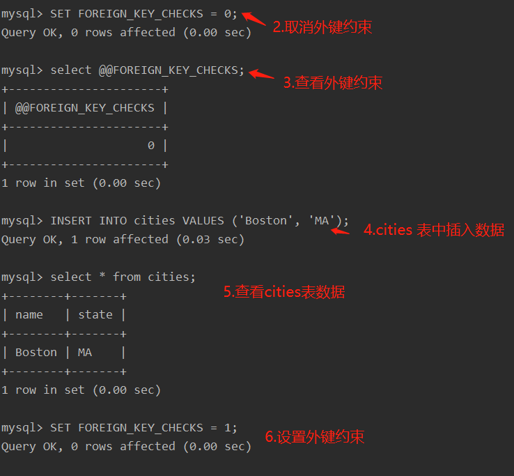 mysql 设置外键约束SET FOREIGN_KEY_CHECKS=1