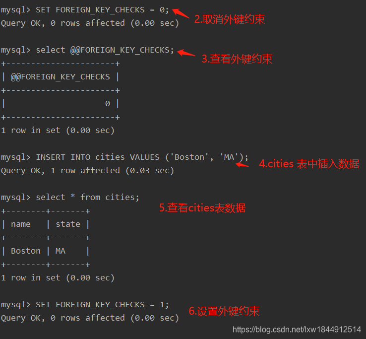 mysql 设置外键约束SET FOREIGN_KEY_CHECKS=1