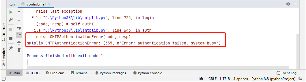 身份验证失败 ：smtplib.SMTPAuthenticationError: (535, B‘Error: Authentication ...