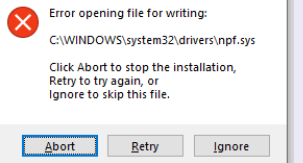 [安装wireshark时，报“Error opening file for writing npf.sys”]