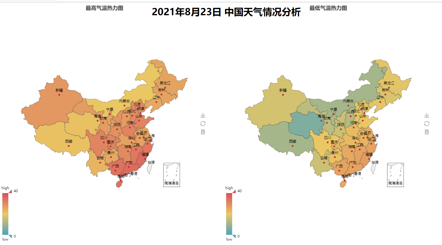 中国各省最高与最低气温热力图