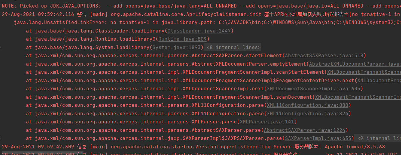 Tomcat运行时的警告：基于APR的本地库加载失败.错误报告为[no tcnative1 in java.library.path