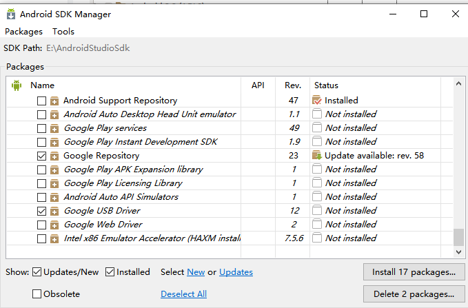 The following SDK components were not installed: extra-google-m2repository and platform-tools