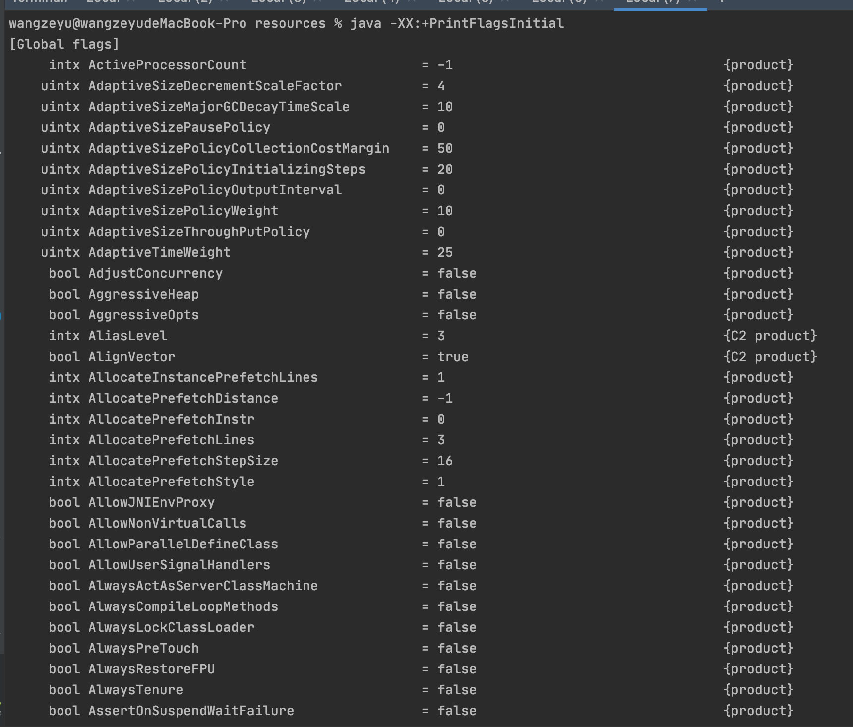 java -XX:+PrintFlagsInitial该命令可以查看所有JVM参数启动的初始值