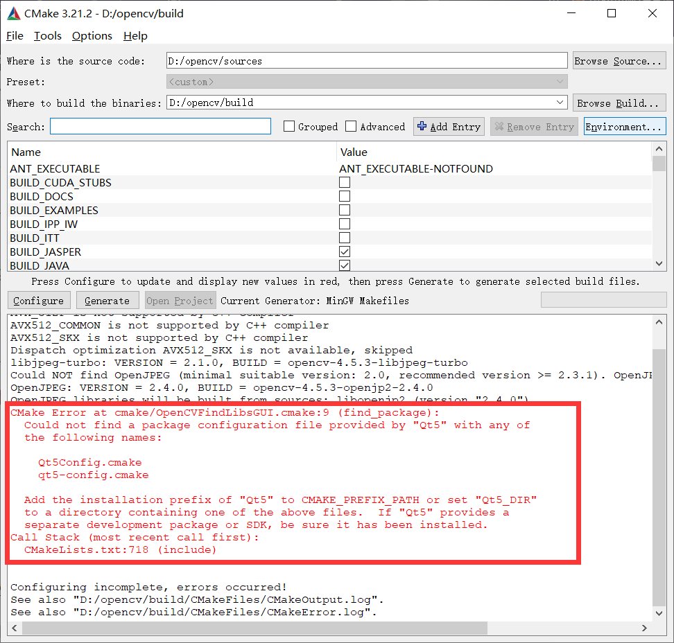 Qt配置Opencv错误：Error in configuration process,project files may be invalid