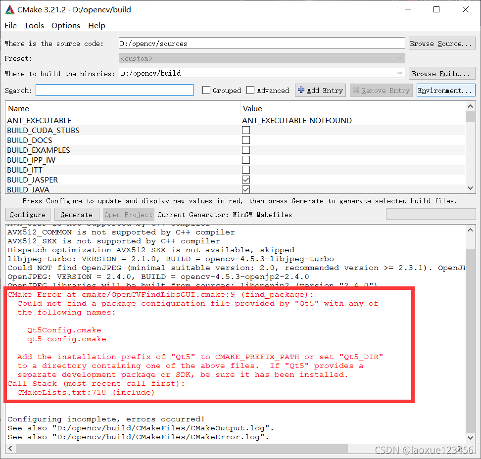 Qt配置Opencv错误：Error in configuration process,project files may be invalid