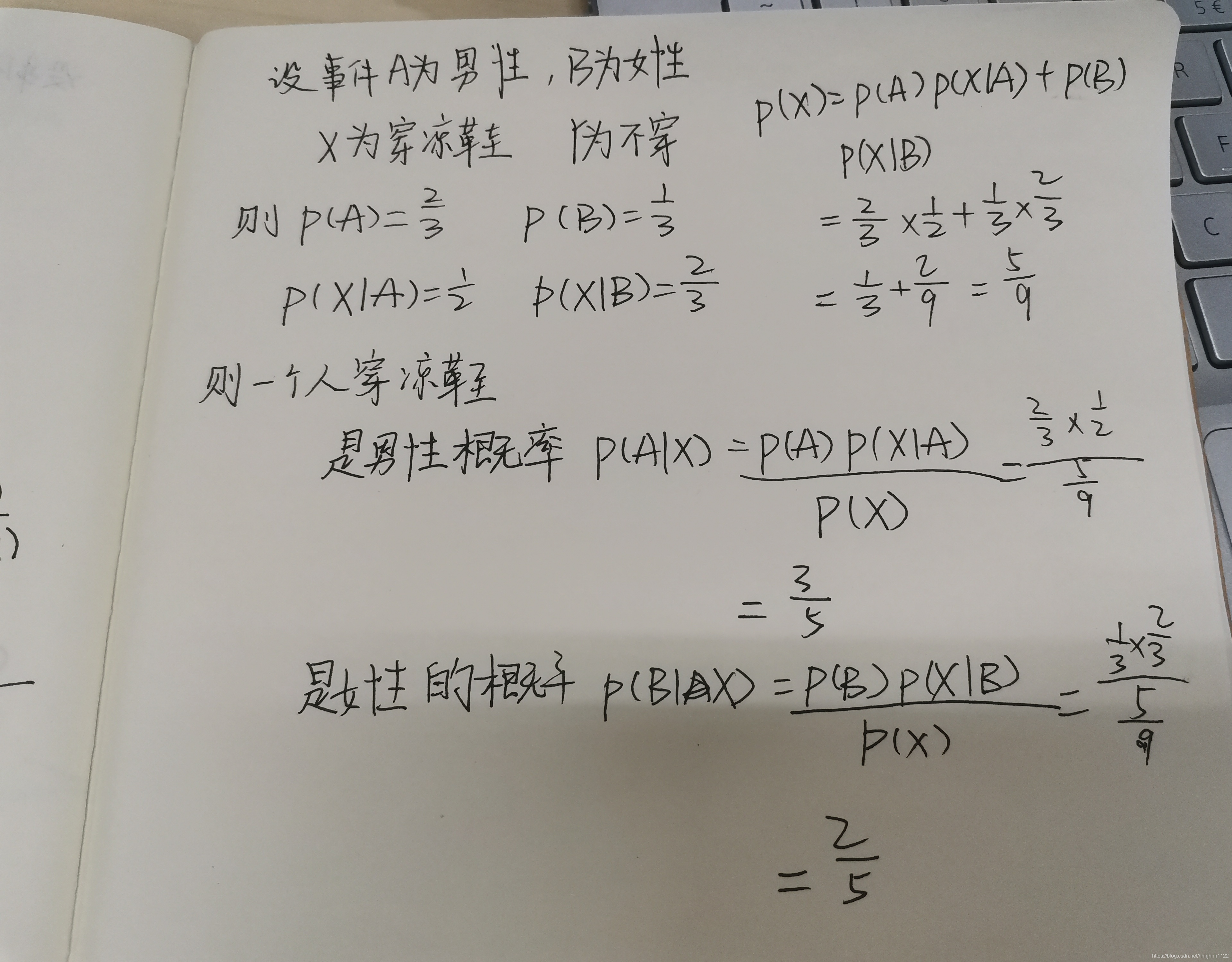   已知：在夏季，某公园男性穿凉鞋的概率为1/2，女性穿凉鞋的概率为2/3，并且该公园中男女比例通常为2:1，问题：若你在公园中随机遇到一个穿凉鞋的人，请问他的性别为男性或女性的概率分别为多少？   