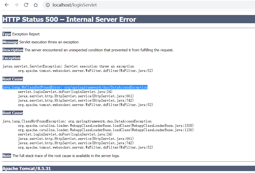 java.lang.NoClassDefFoundError org/springframework/dao