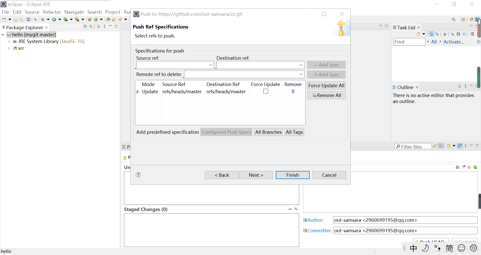 Source ref那栏选择master，点击Add Spec,最后点击Finish即可完成上传