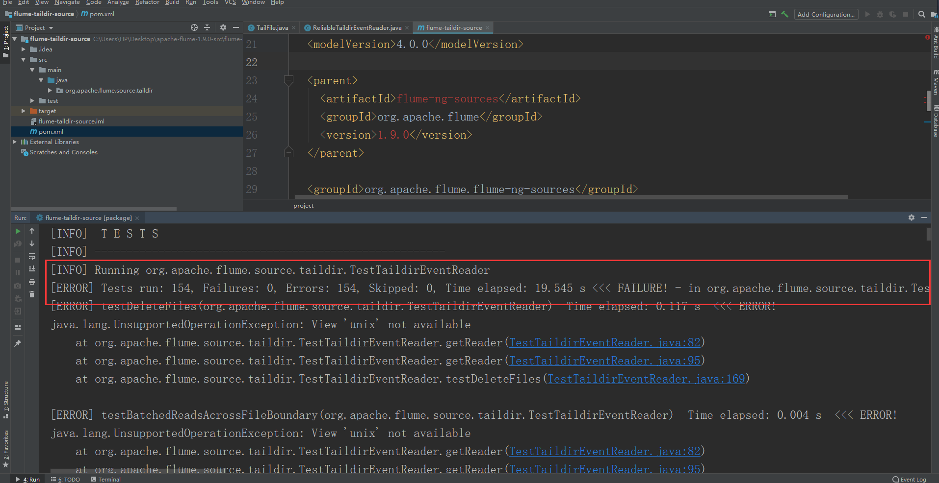 项目打包时，Test模块报错：Tests run 154, Failures 0, Errors 154, Skipped 0