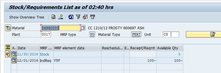 Machine generated alternative text:&#10;Stock/Requirements List as of 02:40 hrs&#10;Show OveMew Tree L ? t&#10;jJ Material rF--j00001 CC 1210/12 FROSTY 800697 ASH&#10;Plant UOl7! MRP type Material Type FERT Unit&#10;! A.. Date MRP ... MRP element data ReschedulL.. E.. Receipt/Reqmt Available Qty&#10;[j1l/30/2ol6 Stock O&#10;12/01/2016 IndReq VSF loo? 100?