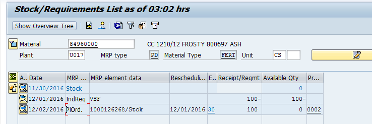 Machine generated alternative text:&#10;Stock/Requirements List as of 03:02 hrs&#10;Show Overview Tree Ii 2 Q1&#10;Material 84960000 CC 1210/12 FROSTY 800697 ASH&#10;Plant UOi] MRP type Material Type FERT Unit [Eii [&#10;Date MRP ... MRP element data Rescheduli... E.. Receipt/Reqmt Available Qty Pr...&#10;j11f30/20l6 Stock :?&#10;12fOl/20l6IndReqVSF loo? 100?&#10;12/02/2016 C抣Ord. 1000126268/StoIc 12/01/2016 30 100 0 0002&#10;L J ?