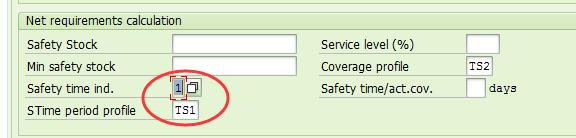 Machine generated alternative text:&#10;Net requirements calculation&#10;Safety Stock Service level (%)&#10;Min safety stock Coverage profile&#10;Safety time md. IiI諕I Safety time/act.cov. ? days&#10;STime period profile