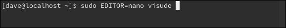 sudo EDITOR=nano visudo in a terminal window