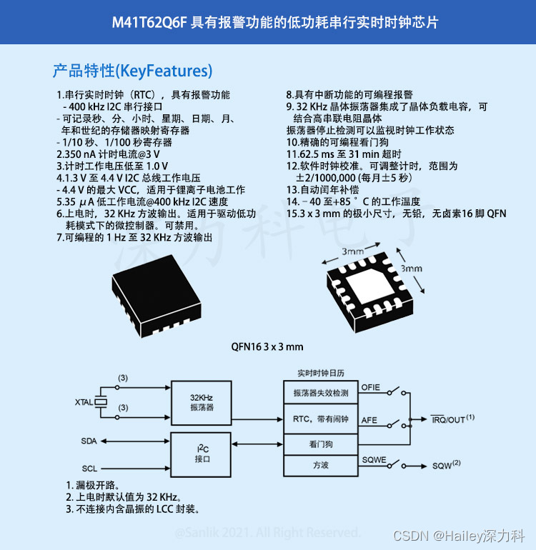 M41T62Q6F 一款具有报警功能的低功耗串行实时时钟（RTC）芯片