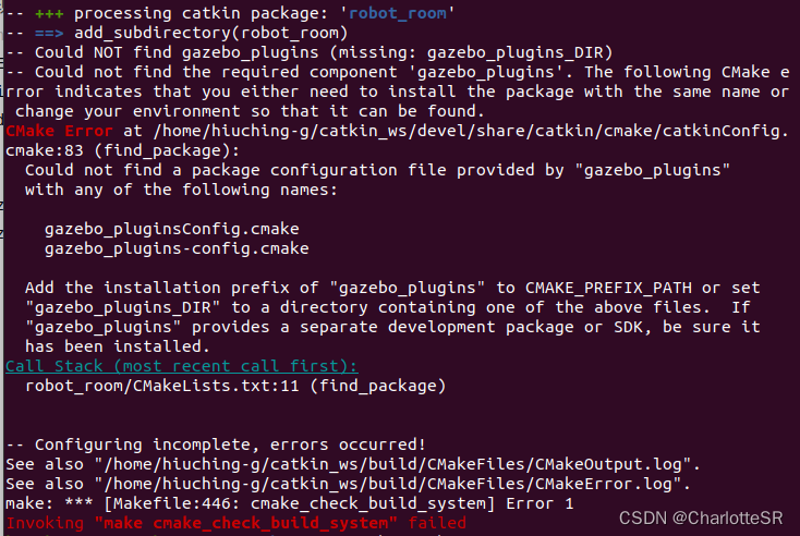 已解决：Could not find a package configuration file provided by “gazebo_plugins“