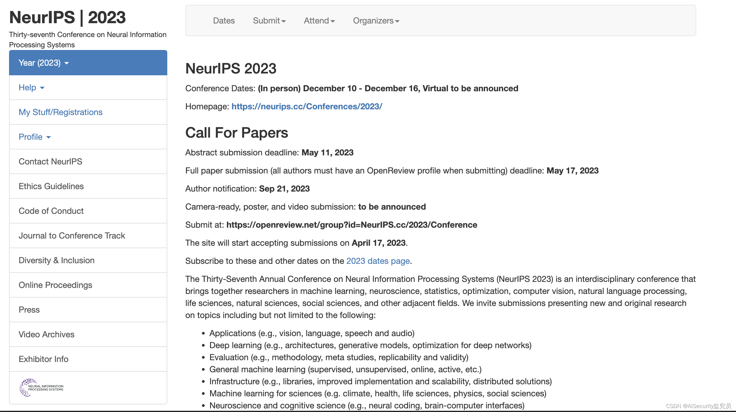 【Call for papers】NeurIPS2023（CCFA/人工智能/2023年5月17日截稿）_neuroips 2023