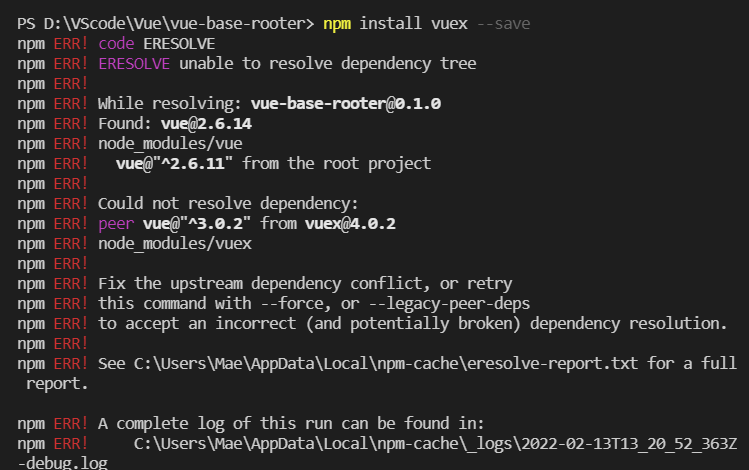 Vuex安装失败解决方案_npm Install Vuex --save Npm Err! Code Eresolve Npm-CSDN博客