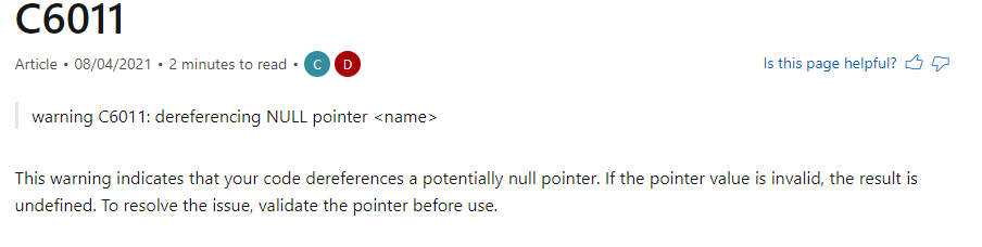 warning C6011: dereferencing NULL pointer ＜name＞