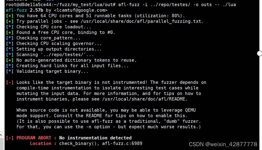 对lua进行模糊测试及问题记录_looks like the target binary is not instrumented! -CSDN博客