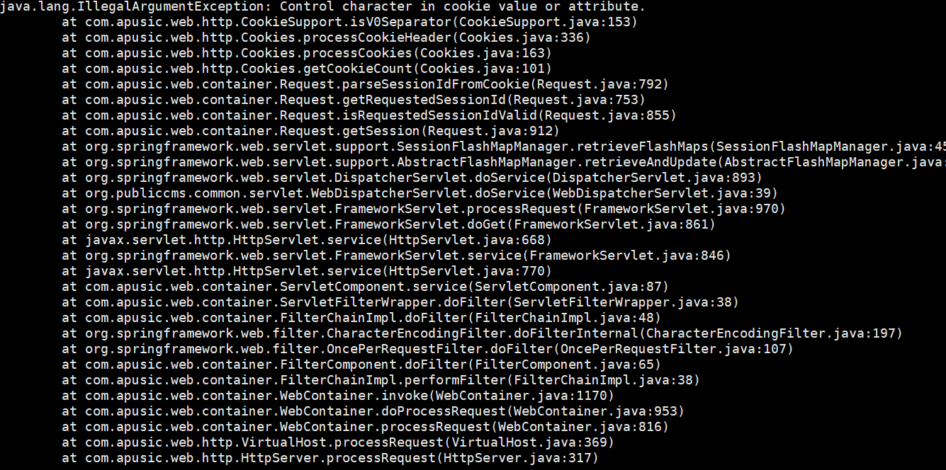 java.lang.IllegalArgumentException Control character in cookie value
